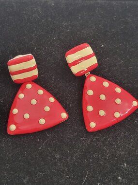 Vintage Metallic Red and Cream Polka Dot Earrings -Flamenco Style